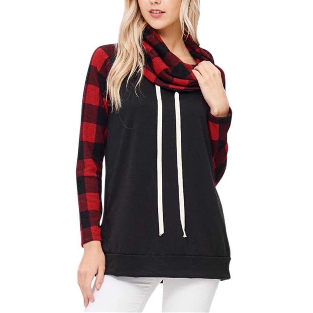(NEW) Buffalo Plaid Cowl Neck Long Sleeve